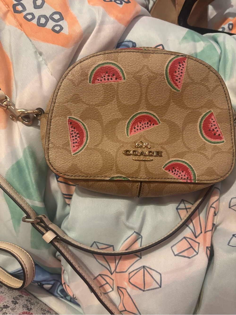 Coach Tan Signature Canvas Crossbody with Watermelon Print
